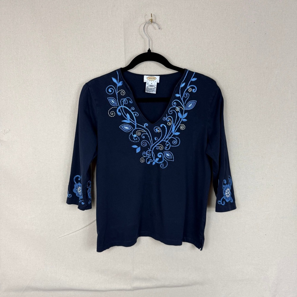 Talbots Petites Navy‎ Blue Embroidered Sequin V-Neck 3/4 Sleeve Cotton Top M